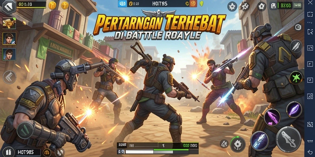 Screenshot utama HOT985 menampilkan pertempuran intens di arena Battle Royale.