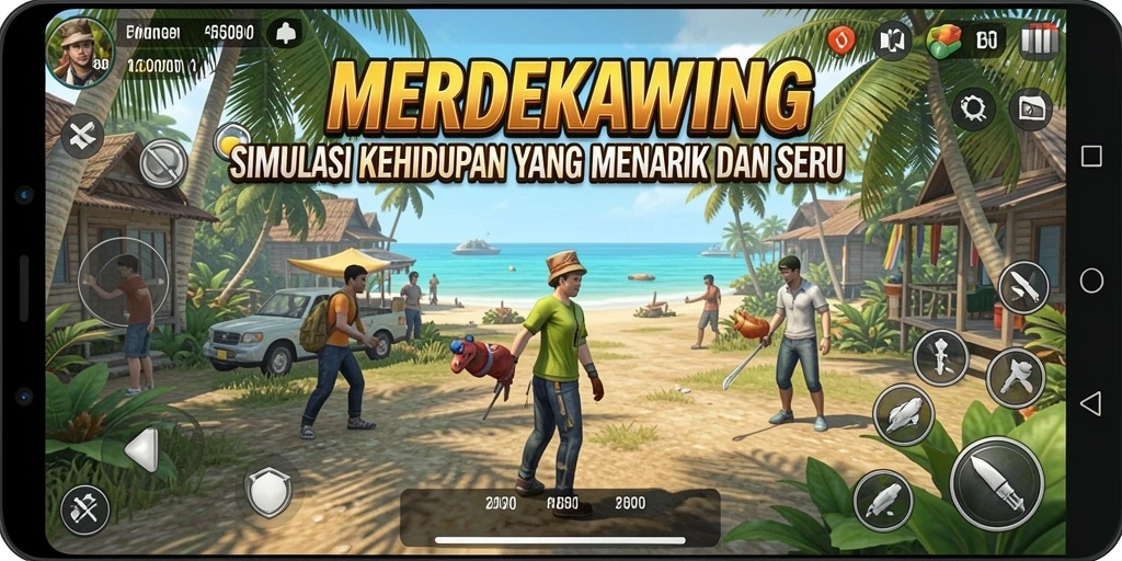 Tangkapan layar gameplay MERDEKAWING yang menampilkan interaksi karakter.